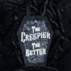 Coffin Shaped Canvas Tote Bag Black - Gothic Spooky Design Black coffin-shaped gothic tote bag with white spooky lettering and cobweb design on velvet fabric.