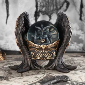 Baphomet Crystal Ball Gothic Ornament - Black Gold Wings Gothic black and gold Baphomet crystal ball ornament with winged base and mystical design.