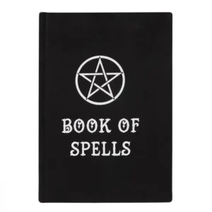 Book Of Spells Hardcover Black Cover - White Pentagram Design Black book cover with white pentagram and bold title reading “Book of Spells.”