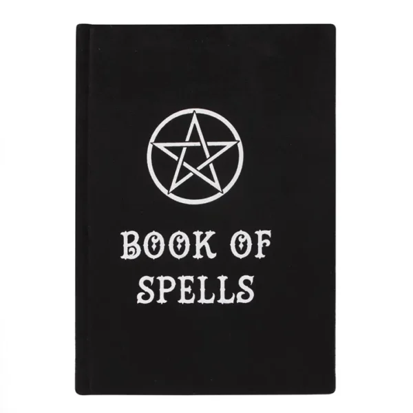 Book Of Spells Hardcover Black Cover - White Pentagram Design Black book cover with white pentagram and bold title reading “Book of Spells.”