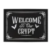 Gothic Crypt Welcome Sign Black Wood - Bats and Ornate Design A black gothic sign reading “Welcome to Our Crypt” with white bats and ornate corner designs.