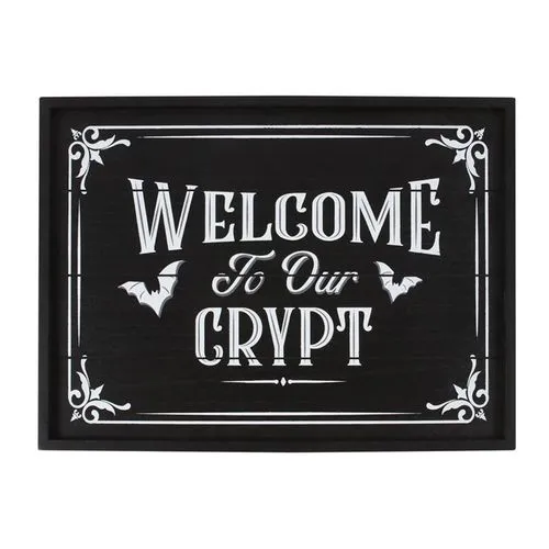 Gothic Crypt Welcome Sign Black Wood - Bats and Ornate Design A black gothic sign reading “Welcome to Our Crypt” with white bats and ornate corner designs.