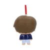 Brown-Haired Resin Figurine Ornament Blue Outfit Red Ribbon Cute brown-haired chibi figurine ornament with blue outfit, striped pants, and red hanging ribbon.