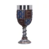 Medieval Royal Goblet Pewter Finish - Fleur-de-Lis and Lions A medieval-style decorative goblet with gold fleur-de-lis and lion designs on blue and burgundy panels.