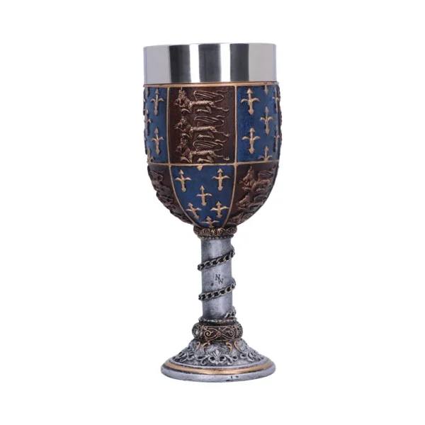 Medieval Goblet Pewter and Gold Blue Cup - Lions and Fleur-de-Lis A medieval-style goblet with golden lions and fleur-de-lis on a blue and silver base.