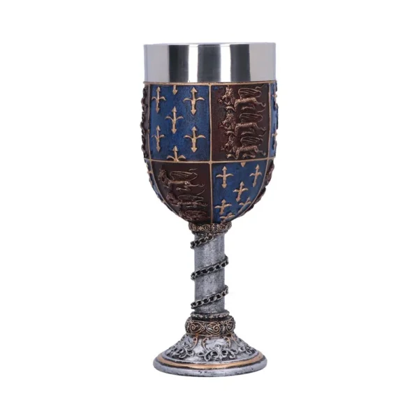 Medieval Royal Goblet Pewter Finish - Fleur-de-Lis and Lions A medieval-style decorative goblet with gold fleur-de-lis and lion designs on blue and burgundy panels.