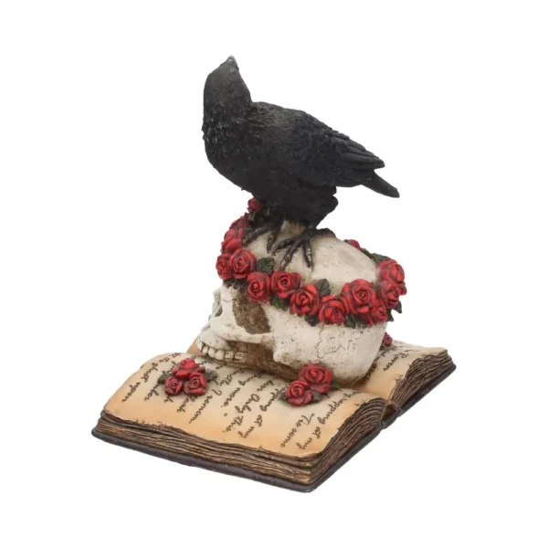 Gothic Crow Skull Sculpture Resin Black With Red Roses and Book A black crow on a human skull with red roses resting atop an open antique book.