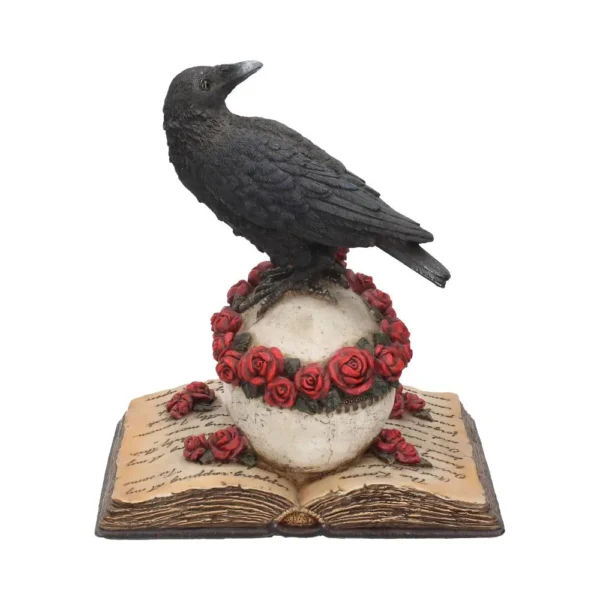 Gothic Raven Skull Sculpture Resin Statue - Black Roses Book A black raven perched on a skull with red roses and an open book beneath.