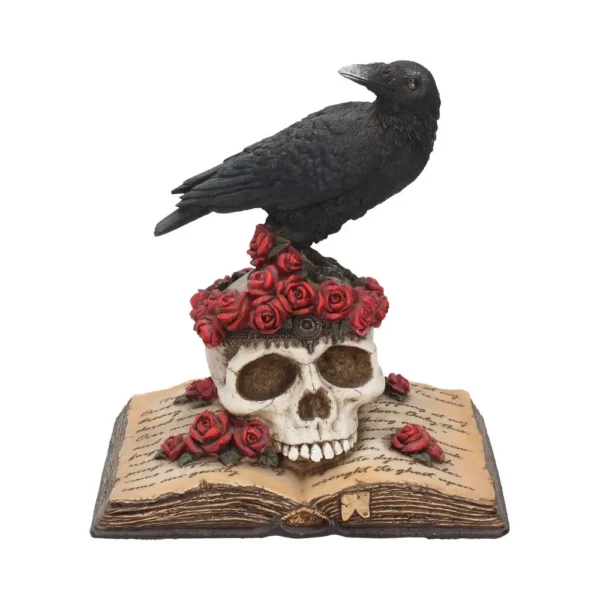 Gothic Raven Skull Resin Sculpture - Black and Red Roses A black raven perched on a skull with red roses atop an open aged book.