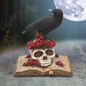 Black Raven Soap Rose Skull Decor - Gothic Red Floral Design A black raven on a human skull crowned with red soap roses atop an open book.