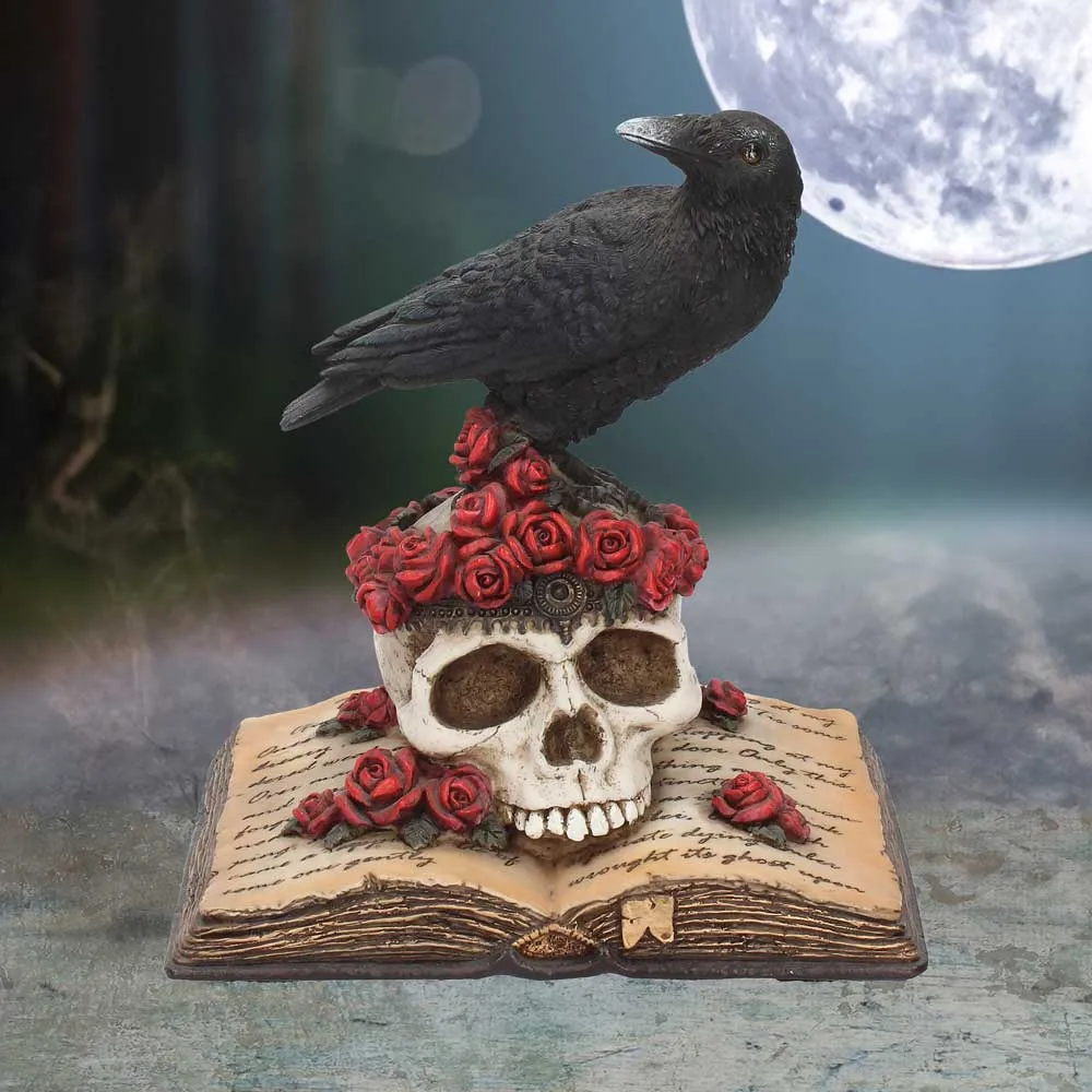 A black raven on a human skull crowned with red soap roses atop an open book.