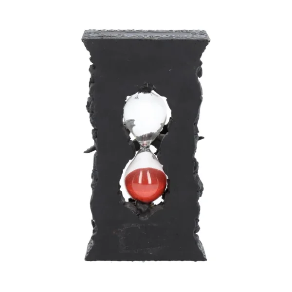 Red Sand Hourglass Gothic Resin Frame - Rugged Black Design A red sand hourglass inside a rugged black rectangular frame with a gothic design.