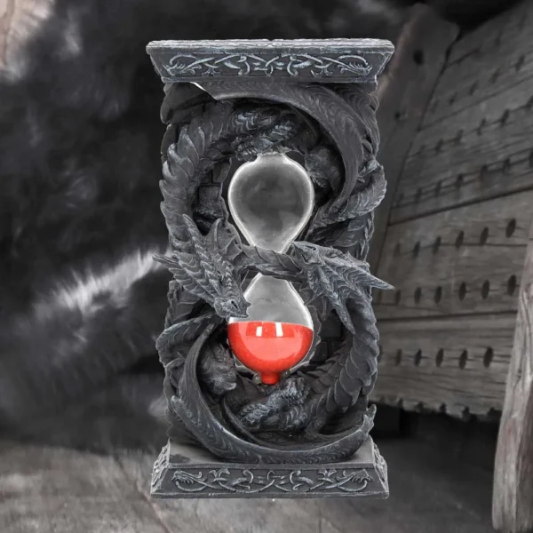 Fantasy Dragon Hourglass Statue Dark Metallic - Red Sand Center A fantasy hourglass with red sand encased by two detailed dark metallic dragons.