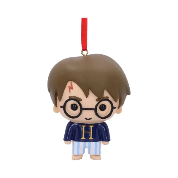 Harry Potter Chibi Ornament Figurine Resin Blue Pajamas Chibi Harry Potter ornament in blue pajamas with glasses and red ribbon for hanging.