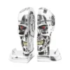 Terminator Skull Bookends Chrome Metal - Red Eye Design Chrome Terminator skull bookends with red glowing eyes and detailed futuristic metallic design