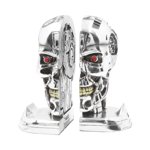 Terminator Skull Bookends Chrome Metal - Red Eye Design Chrome Terminator skull bookends with red glowing eyes and detailed futuristic metallic design