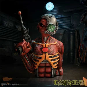 Iron Maiden Eddie Bust Statue - Red Metal Cybernetic Design Cybernetic Iron Maiden Eddie statue with red muscle detail and futuristic weapon in dark industrial setting.