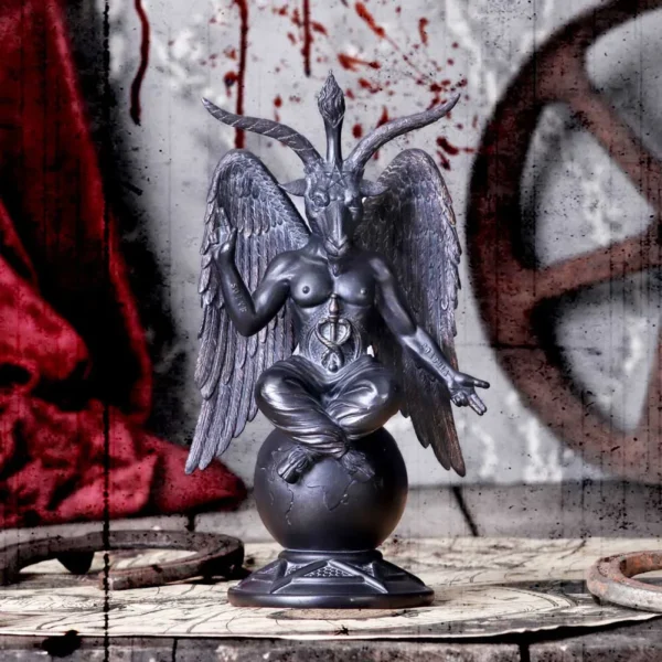 Baphomet Statue Dark Metal Gothic Figurine - Occult Symbol Dark metal Baphomet Figurine with goat head, wings, and occult gothic symbolism.