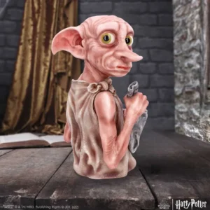 Officially Licensed Merchandise Detailed Dobby house-elf resin statue holding a grey freedom sock in a castle setting.