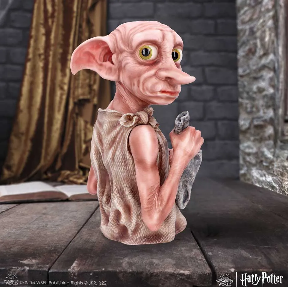 Why Buy Officially Licensed Merchandise? 2 Officially Licensed Merchandise Detailed Dobby house-elf resin statue holding a grey freedom sock in a castle setting.