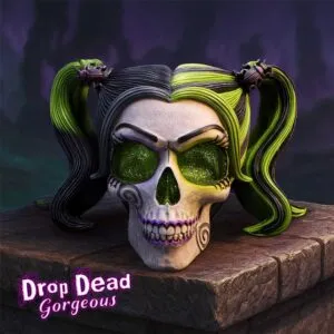 Green Skull Resin Art Sculpture - Neon Pigtails Glow Design A green and drop dead gorgeous white resin skull with neon pigtails glowing on a stone pedestal. The-Hidden-Hatch