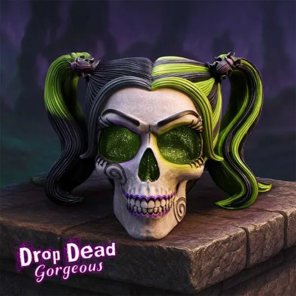 Green Skull Resin Art Sculpture - Neon Pigtails Glow Design A green and drop dead gorgeous white resin skull with neon pigtails glowing on a stone pedestal. The-Hidden-Hatch