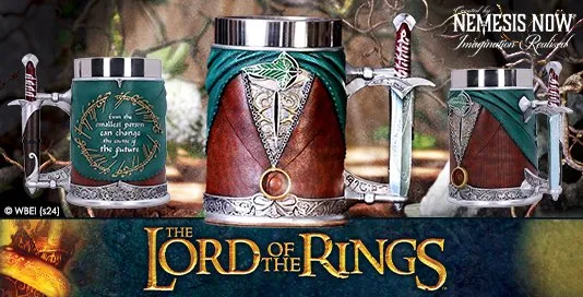 The Lord Of The Rings Gift Buying Advice 3 A silver and brown Lord of the Rings tankard with green Elven cloak and sword handle.