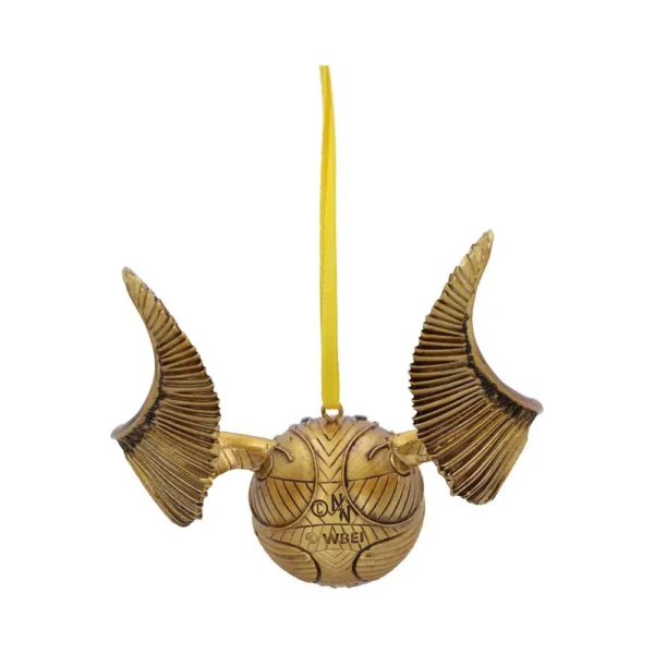 Golden Snitch Ornament Metallic Gold Decor - Winged Design Golden Snitch ornament with metallic gold wings and yellow ribbon for festive Harry Potter décor.