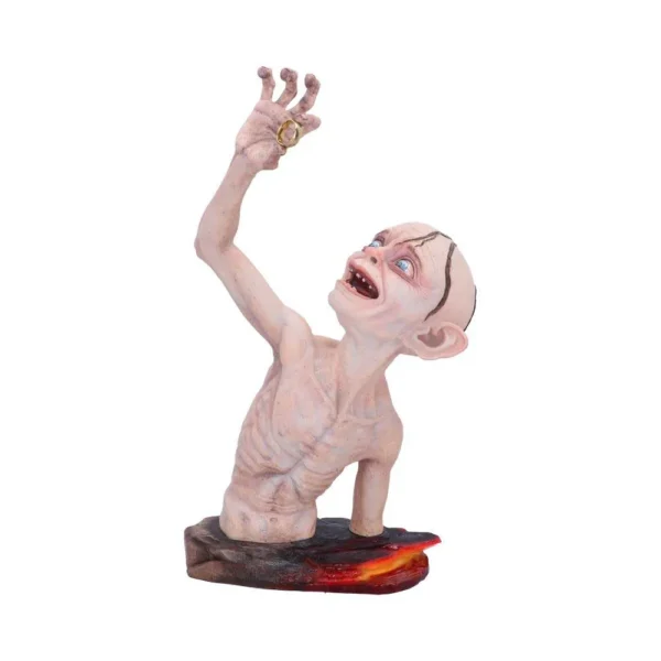 Gollum Resin Figurine Gray Sculpture With Fiery Mount Doom Base Gollum resin figurine reaching for the One Ring above fiery Mount Doom base.