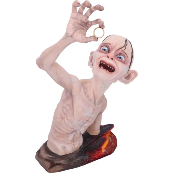 Gollum Resin Statue Pale Finish - Holding The One Ring Gollum resin statue holding the One Ring on fiery Mount Doom base collectible figure
