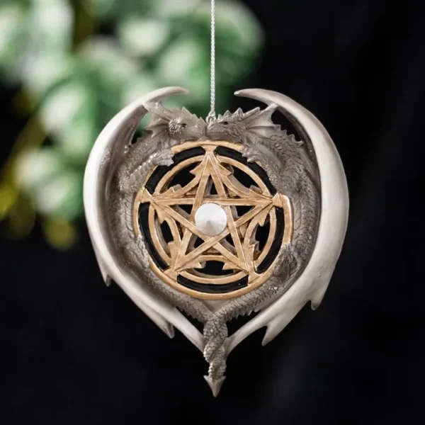 Dragon Pendant Resin Gray Gold Pentagram With Pearl Center Two detailed silver dragons encircle a golden pentagram pendant with a glowing white center.