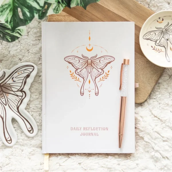 Luna Moth Daily Reflection Journal and Clear Quartz Crystal Pen 1 Luna Moth Daily Reflection Journal and Clear Quartz Crystal Pen