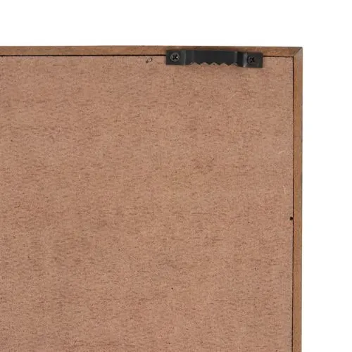 MDF Wall Frame Light Brown Back Corner With Sawtooth Hanger Back corner of a light brown MDF picture frame with a black sawtooth wall hanger.