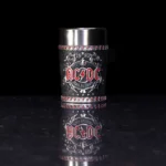 AC/DC metal shot glass with red logo and black finish, collectible rock band drinkware.