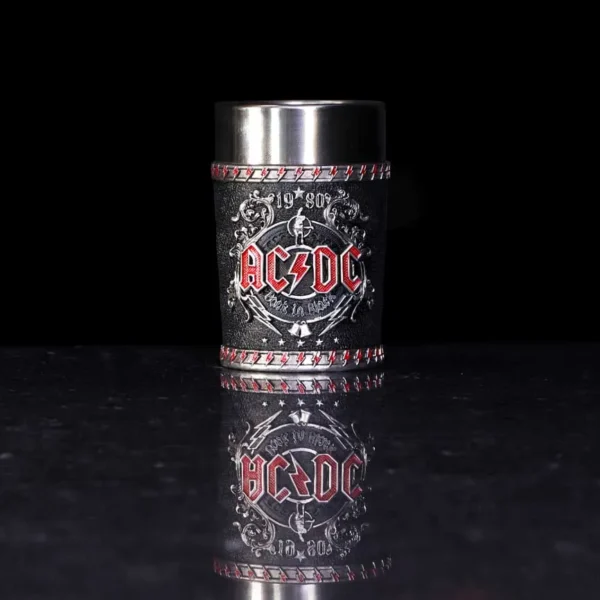 AC/DC Rock Logo Metal Shot Glass - Black Finish Collectible AC/DC metal shot glass with red logo and black finish, collectible rock band drinkware.