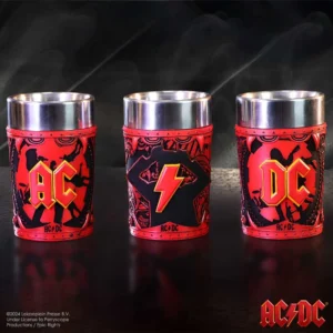 AC/DC Metal Shot Glass Set Red Black Design - Rock Band Theme AC/DC red and black metal shot glass set with lightning bolt rock band design