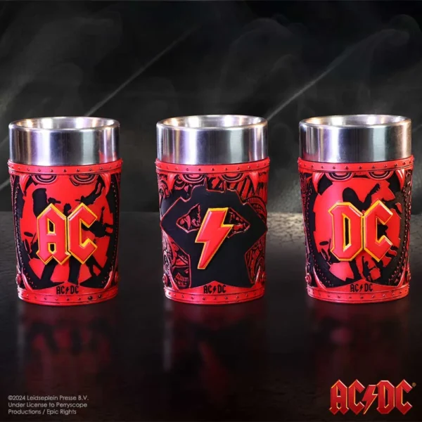 AC/DC Metal Shot Glass Set Red Black Design - Rock Band Theme AC/DC red and black metal shot glass set with lightning bolt rock band design