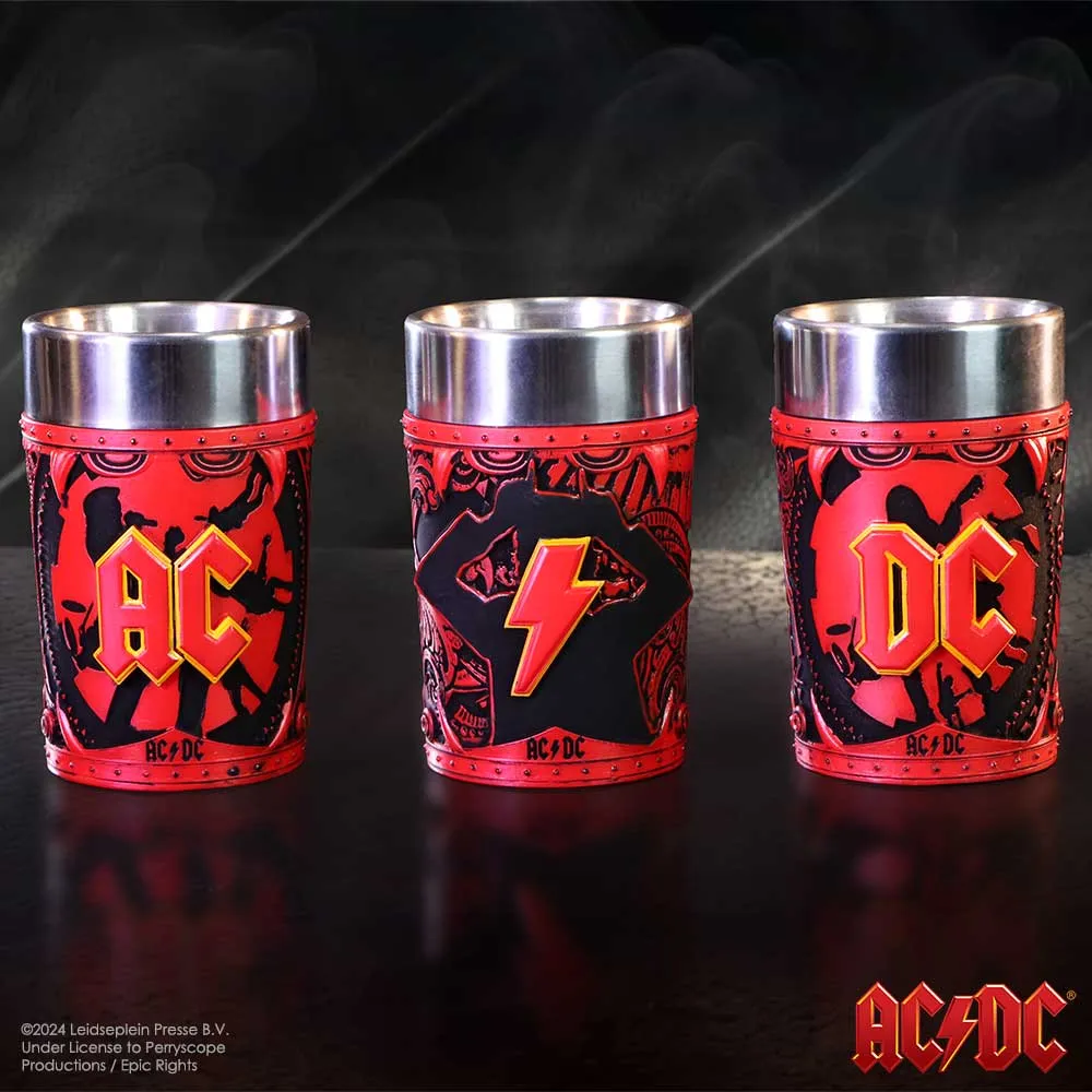 AC/DC Collectables - For Those About To Rock 3 AC/DC red and black metal shot glass set with lightning bolt rock band design