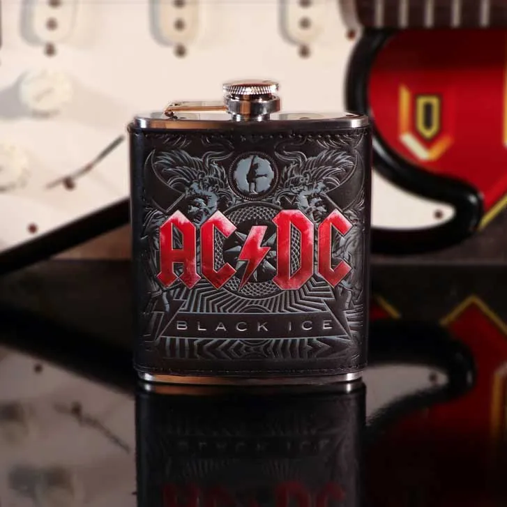 AC/DC Black Ice stainless steel hip flask with embossed red logo and reflective metal finish.