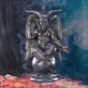 Baphomet Statue Metallic Silver Figurine - Winged Symbolic Design Silver Baphomet statue with wings, goat head, and symbolic occult design on dark background.