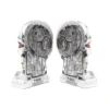 Terminator T-800 Skull Bookends - Metallic Silver With Red Eyes Metallic silver Terminator T-800 skull bookends with red eyes and detailed mechanical design.
