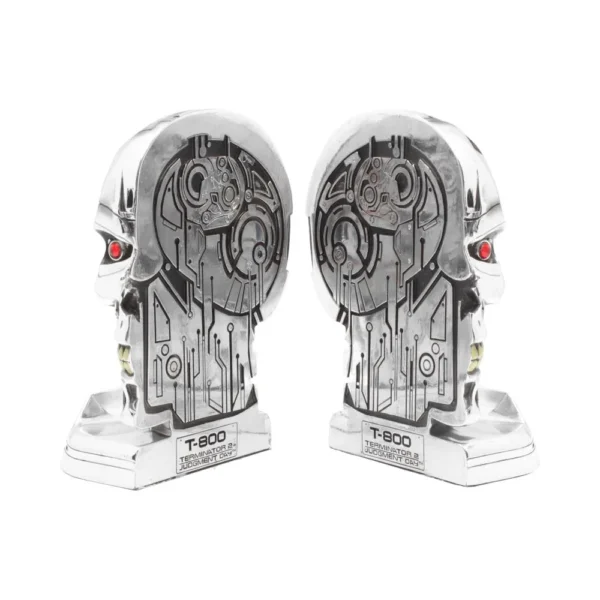 Terminator T-800 Skull Bookends - Metallic Silver With Red Eyes Metallic silver Terminator T-800 skull bookends with red eyes and detailed mechanical design.