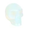 Opalite Crystal Skull Sculpture White Iridescent Polished Finish A small polished opalite skull sculpture shimmering with blue, pink, and yellow iridescent hues.