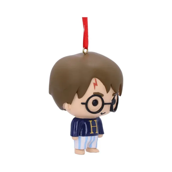 Harry Potter Chibi Resin Ornament Blue Pajamas - Red Ribbon Chibi Harry Potter ornament in blue striped pajamas with red ribbon, cute collectible decoration.