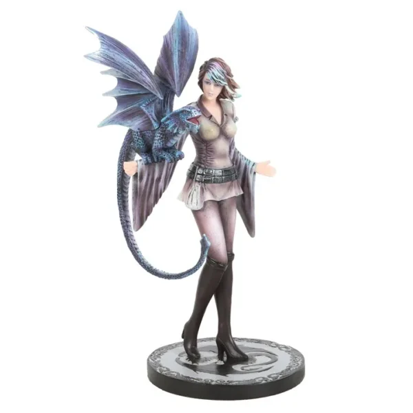 Fantasy Woman and Dragon Figurine Resin Statue - Blue Violet Elegance Fantasy figurine of a masked woman with a blue dragon perched on her shoulder.