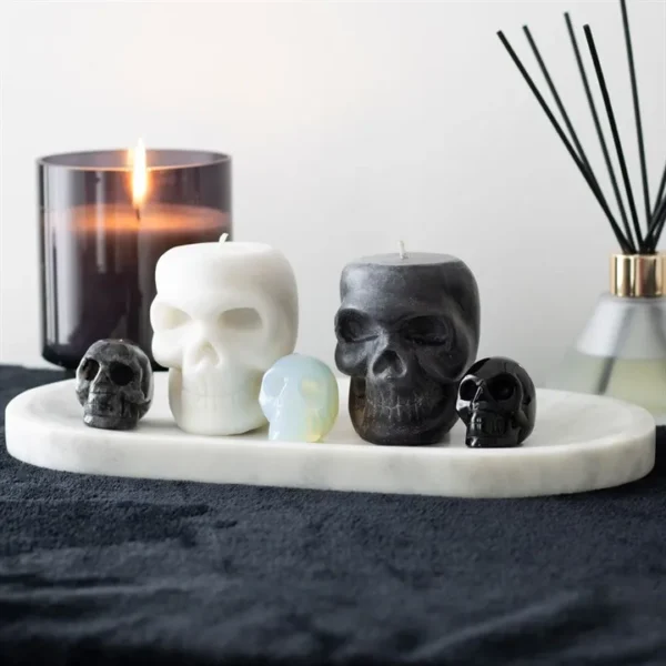 Skull Candle Set Marble Tray Black And White - Modern Decor Modern black and white skull candle set on marble tray with diffuser décor.