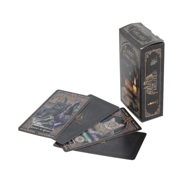 A boxed set of “Tarot Familiars” cards with mystical cat-themed illustrations and ornate designs.