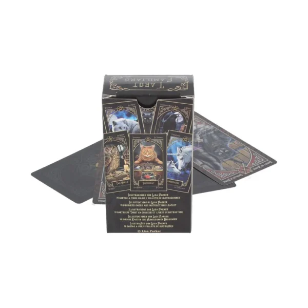 A black and gold Lisa Parker tarot card box featuring owl and cat illustrated cards.