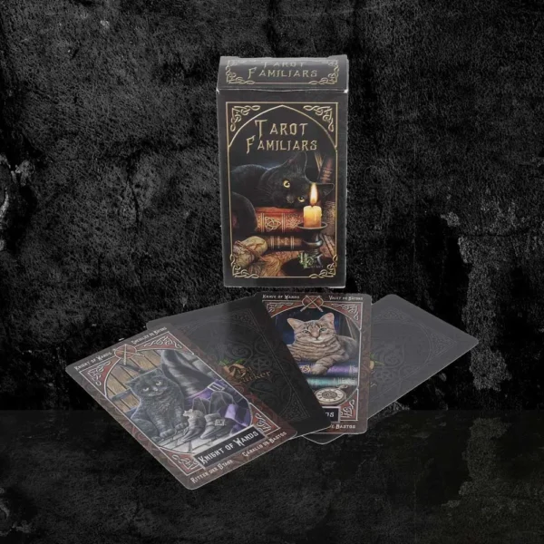 Tarot Familiars card deck with black cat artwork, candle, and mystical animal-themed tarot cards.