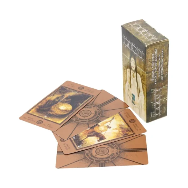 Tarot card deck box with mystical artwork and several illustrated cards spread on a white surface.